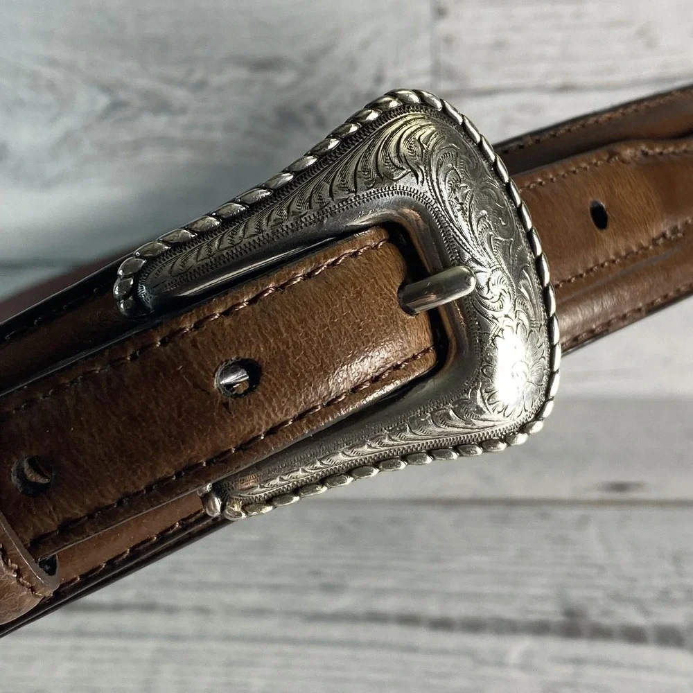 Nocona Belt Mens 42 Brown Leather Braided‎ Western Herringbone Buckle Cowboy